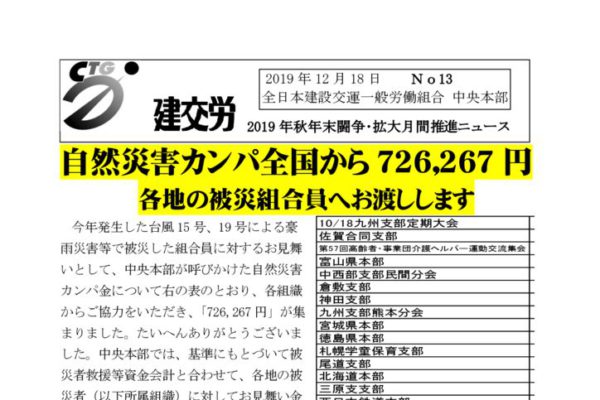 2019年秋年末闘争・拡大月間推進ニュース No.13