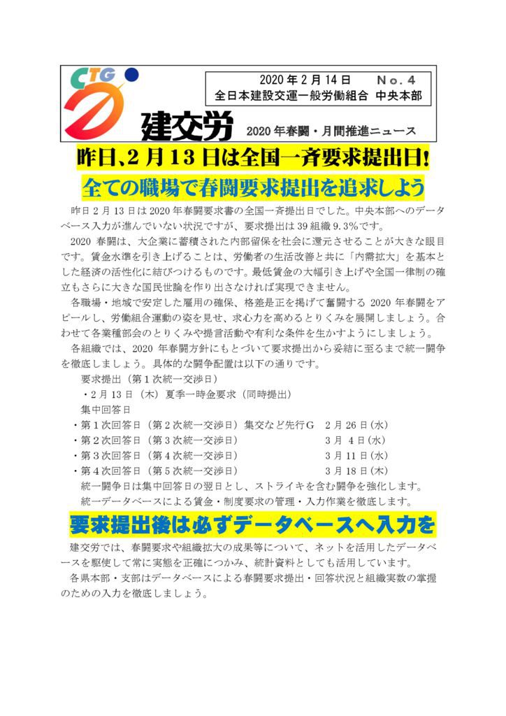 2020年春闘・月間推進ニュース No.４