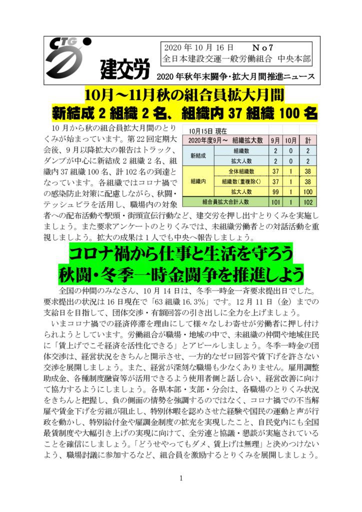 2020年秋年末闘争・拡大月間推進ニュース　No.7