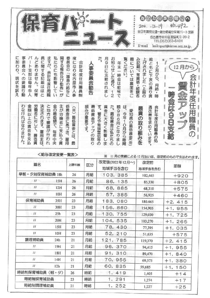 【保育パート支部】保育パートニュース No.492