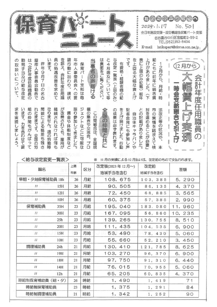 【保育パート支部】保育パートニュース No.501